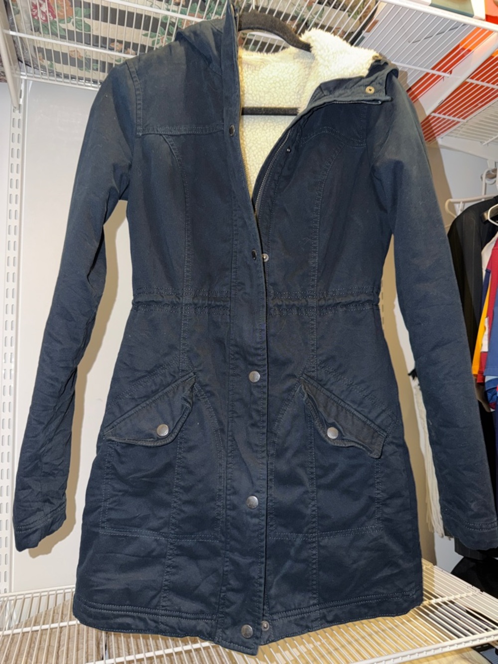 Hollister Navy Hooded Trench Coat with Sherpa Lining